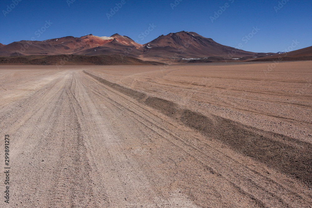 Track towards mountains on the Bolivia plateau in the Dali Desert region