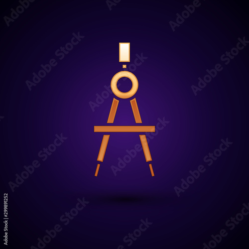 Gold Drawing compass icon isolated on dark blue background. Compasses sign. Drawing and educational tools. Geometric instrument. Vector Illustration
