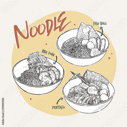 Noodle collection, Thai food. Hand draw sketch vector.