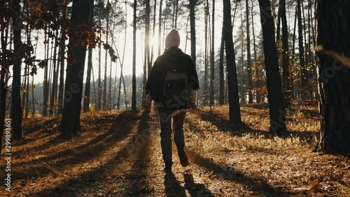 Rear view: Woman tourist walking in the fall forest on a sunny autumn day, slow-motion 4K video