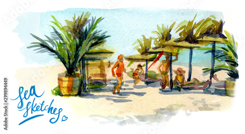 Watercolor Sea Sketches. People sunbathe on the beach in the sun loungers