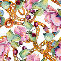 Foto auf Acrylglas Blumen- und Juwelenmuster Blumenstrauß botanische Blumen. Aquarellhintergrundillustrationssatz. Nahtloses Hintergrundmuster.  © yanushkov