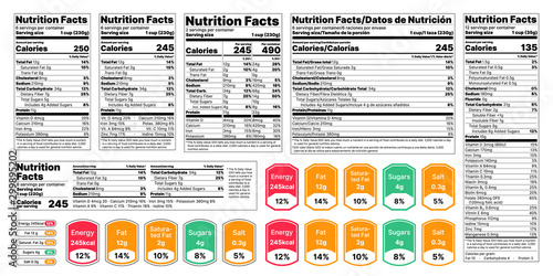 Nutrition facts Label. Vector. Food information with daily value. Data table ingredients calorie, fat, sugar. Package template. Flat illustration isolated on white background. Layout design