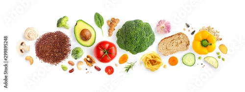 Panel kuchenny z motywem Creative layout made of walnuts, cashew, avocado, tomato, broccoli, bread, pasta, pepper, curcuma, rice and garlic on white background. Flat lay. Food concept. Macro concept.