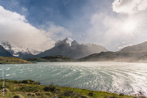 Lake Nordenskjold and Paine Horns shot from the trail to Mirador Cuernos. Torres del Paine National Park, Ultima Esperanza province, Chile. photo