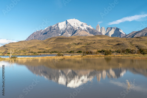 Cerro Almirante Nieto, Torres del Paine and Cerro Nido de Condor from Laguna Amarga. Torres del Paine National Park, Ultima Esperanza province, Chile. photo