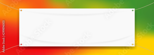 vinyl banner blank white isolated on colorful art background, white mock up textile fabric empty for banner advertising stand hanging, indoor outdoor fabric vinyl on colored paint rainbow colors frame