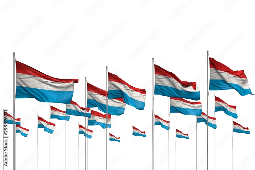 pretty national holiday flag 3d illustration. - many Luxembourg flags in a row isolated on white with empty place for your text pretty national holiday flag 3d illustration. - many Luxembourg flags in a row isolated on white with empty place for your text