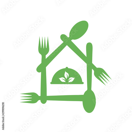 Cafe or restaurant serving Organic food logo- leaf symbolizing Vegetarian friendly diet by European Vegetarian Union photo