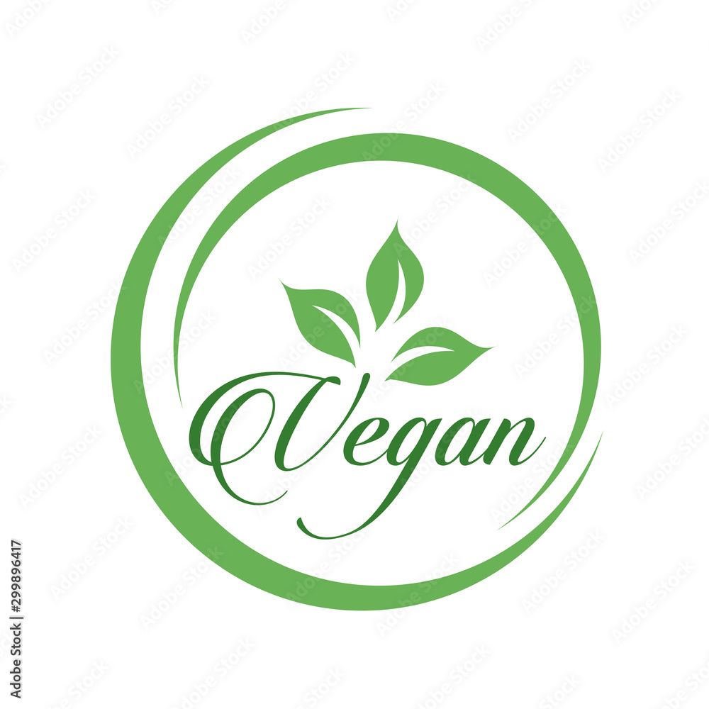 Vegan cursive text logo with green leaves for organic Vegetarian