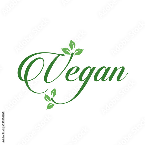 Vegan calligraphy logo with green leaves for organic Vegetarian friendly diet- Universal vegetarian symbol