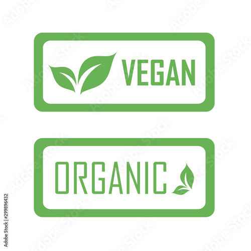 Vegan logo or stamp with green leaves for organic Vegetarian friendly diet- Universal vegetarian symbol photo