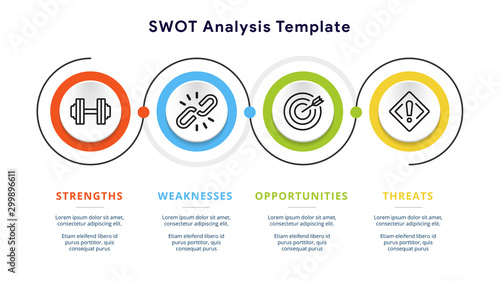 Four colorful elements with text inside placed around circle. Concept of SWOT-analysis template or strategic planning technique. Infographic design template. Vector illustration.