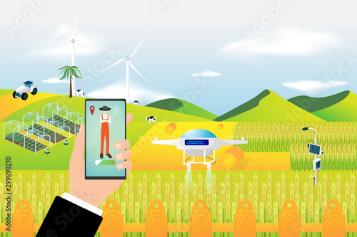 Modern agriculture technology. Smart farming concept. Hand holding smartphone, Human with wireless remote control. Artificial intelligence working on farm. Vector illustration in isometric design.