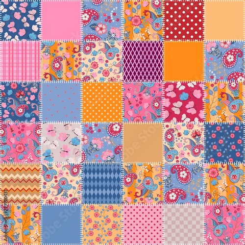Patchwork seamless pattern from stitched squares with paisley, flowers and butterflies. Print for fabric and textile. Cute quilting design.