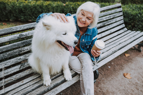 Happy elderly Caucasian lady palming nice dog in park