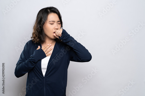 Woman was sick with fever isolated over white background