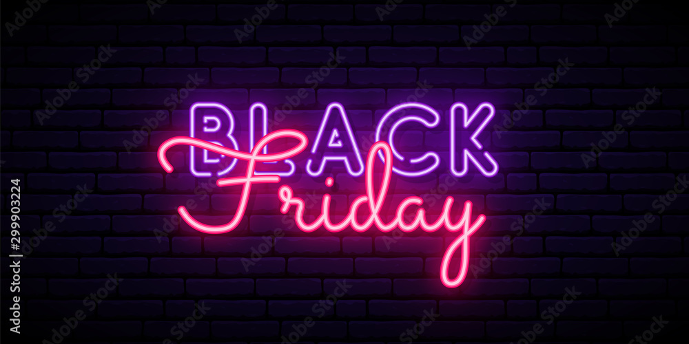 Neon Black Friday text on dark brick wall background. Neon Sale signboard. Neon Black Friday text on dark brick wall background. Neon Sale signboard.