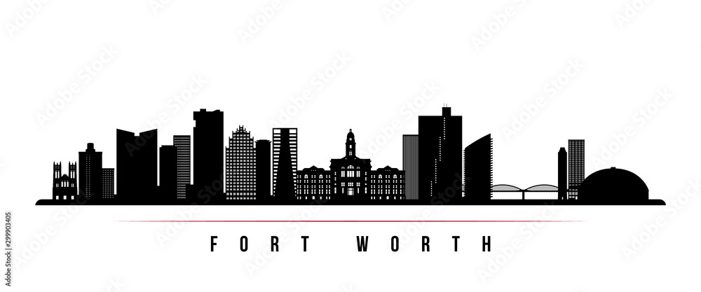 Fort Worth skyline horizontal banner. Black and white silhouette of Fort Worth, Texas. Vector template for your design.