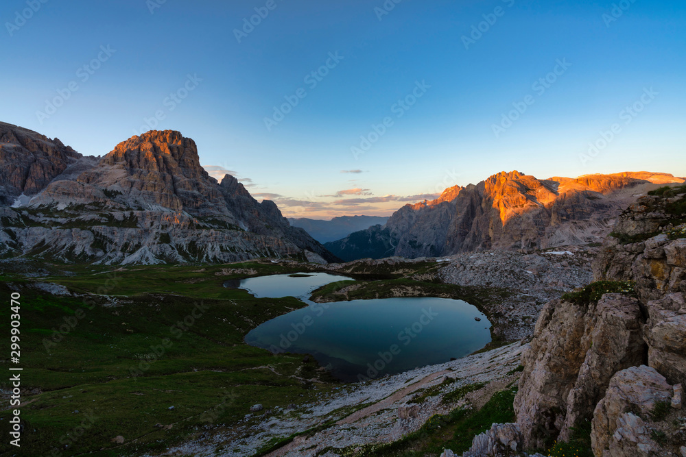 Italy, South Tyrol, Dolomites, Sexten Dolomites, Piani lakes at sunset Italy, South Tyrol, Dolomites, Sexten Dolomites, Piani lakes at sunset