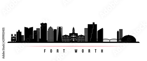 Fort Worth skyline horizontal banner. Black and white silhouette of Fort Worth, Texas. Vector template for your design.