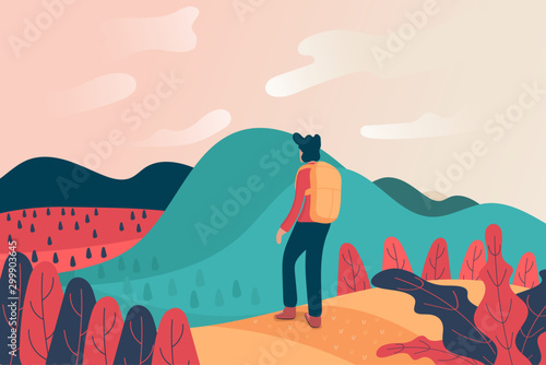 young travel man travel alone on outdoor mountain landscape. cartoon character flat vector design