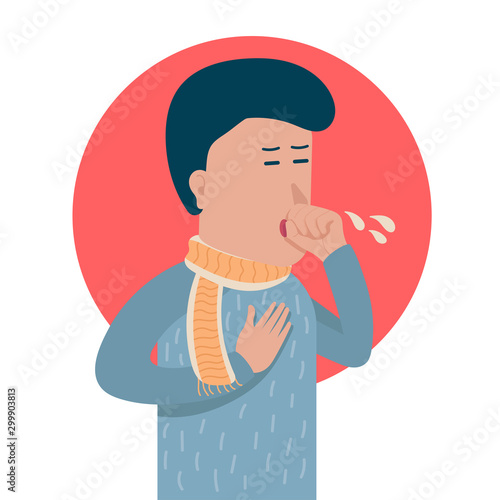young man with scarf and coat have symptom of influenza coughing, running nose. cartoon character flat vector illustration.