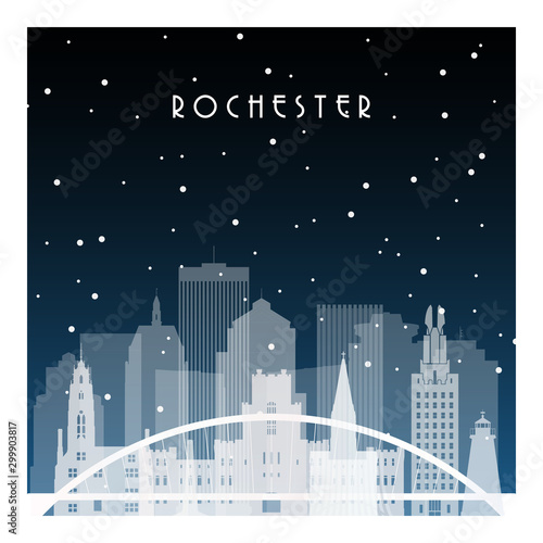 Winter night in Rochester. Night city in flat style for banner, poster, illustration, background.