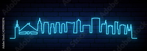 Blue neon skyline of Sao Paulo City. Bright Sao Paulo City long banner. Vector illustration.