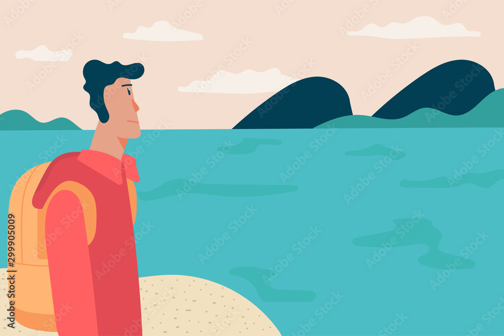 man on the beach looking at seascape view with sea, sky and mountain. cartoon character flat vector.