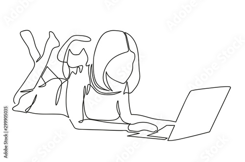 girl works on a laptop remotely, one line illustration