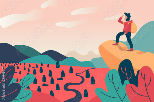 young traveler man standing on peak hill and looking at mountain on sunset sky landscape, cartoon character flat vector illustration