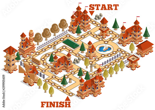 Board game of the medieval theme. Isometric. Isolated on white background. Vector illustration.