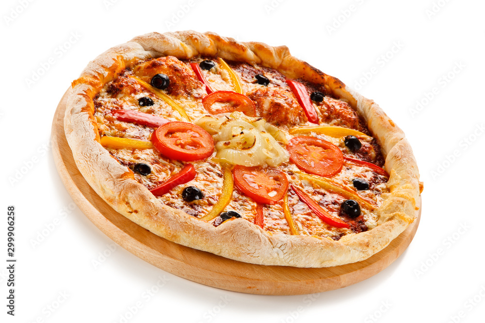 Pizza with tomatoes, pepper and olives on cutting board Pizza with tomatoes, pepper and olives on cutting board