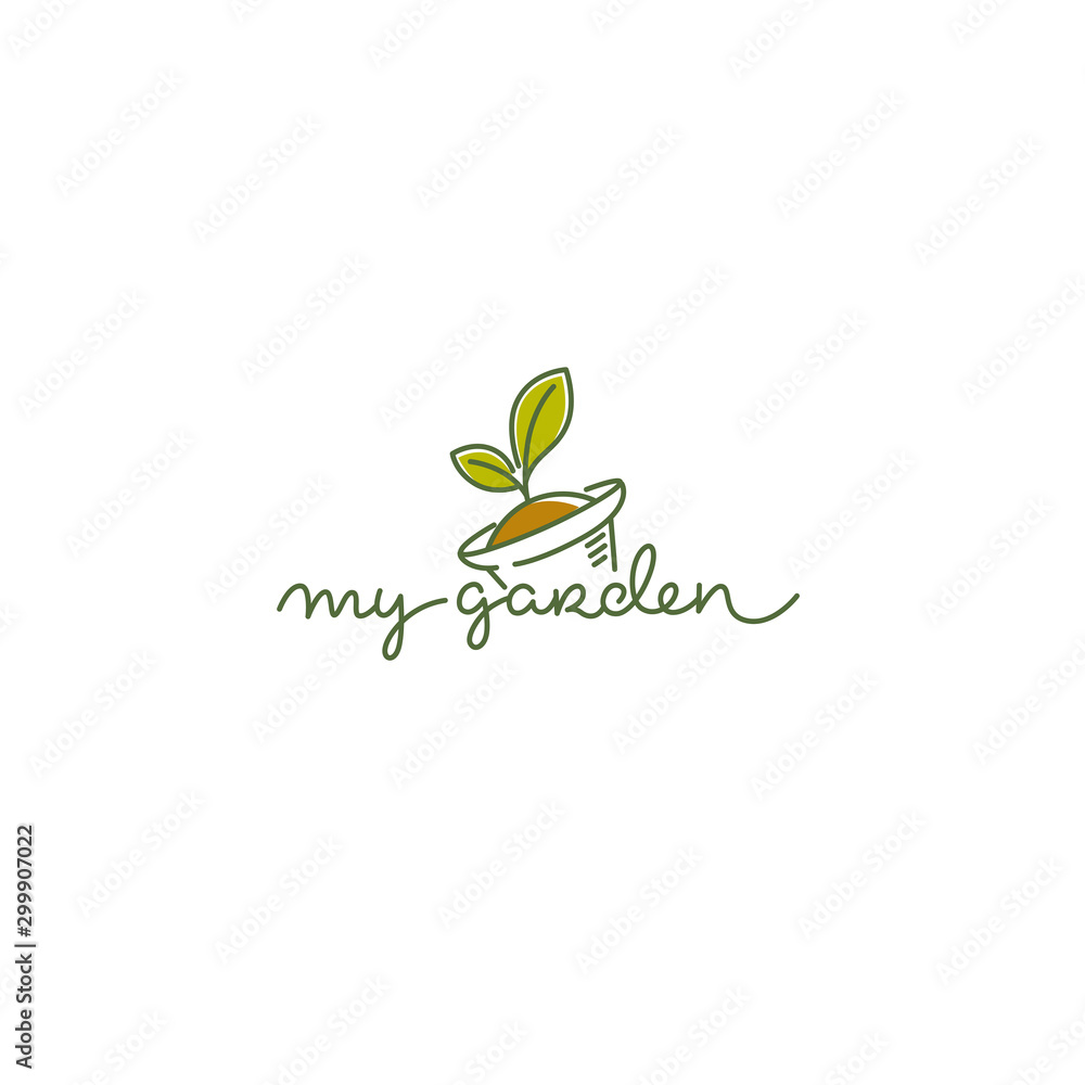 My Garden vector logo template with line art image of plant, pot and doodle calligraphy lettering composition My Garden vector logo template with line art image of plant, pot and doodle calligraphy lettering composition