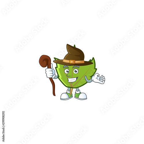 green autumn leaves with witch character on white background
