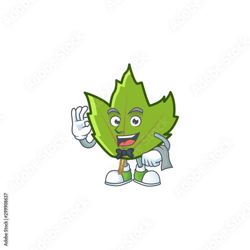 green autumn leaves with waiter character on white background