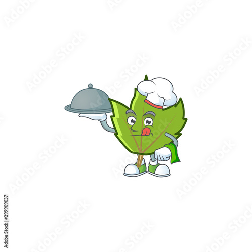 green autumn leaves with chef holding food character on white background