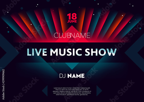 Horizontal live music show poster with bright color graphic elements, dark background and text. 