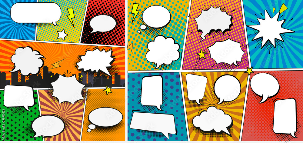 Obraz premium Colorful comic book background with blank white speech bubbles of different shapes in pop-art style. Rays, radial, halftone, dotted effects. Vector illustration