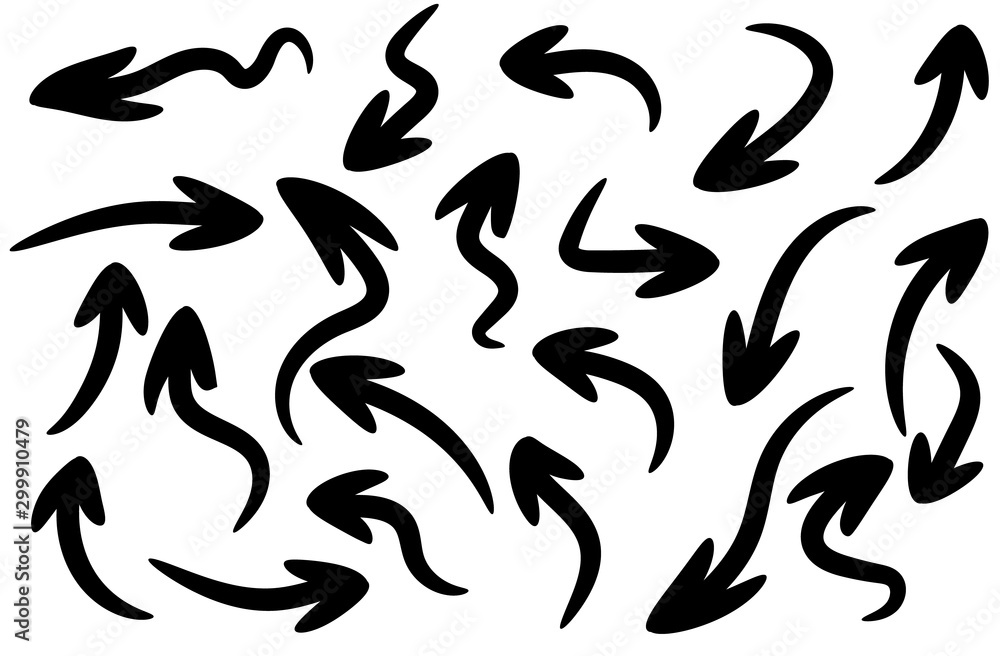 Handdrawn Set of Vector Arrows in Doodle Style Made With Brushes and Markers. Set of black vector arrows. Arrows icon. Arrow vector icon. Handdrawn Set of Vector Arrows in Doodle Style Made With Brushes and Markers. Set of black vector arrows. Arrows icon. Arrow vector icon.