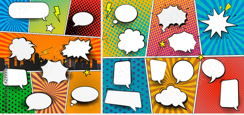 Colorful comic book background with blank white speech bubbles of different shapes in pop-art style. Rays, radial, halftone, dotted effects. Vector illustration