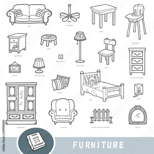 Black and white furniture set, collection of vector items with names in English. Cartoon visual dictionary