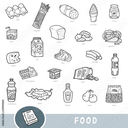 Black and white set of food, collection of vector items with names in English. Cartoon visual dictionary