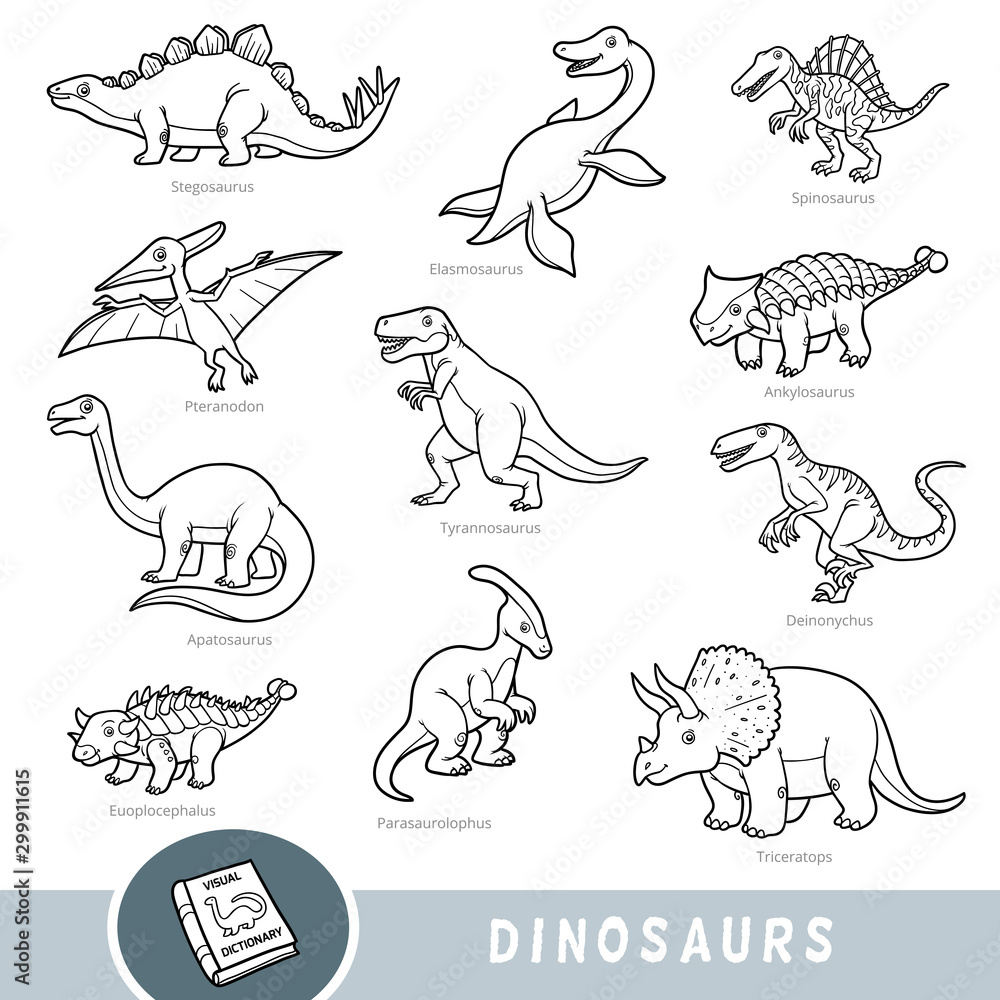 Black and white set of dinosaurs, collection of vector animals with names in English. Cartoon visual dictionary Stock Vector | Adobe Stock Black and white set of dinosaurs, collection of vector animals with names in English. Cartoon visual dictionary Stock Vector | Adobe Stock