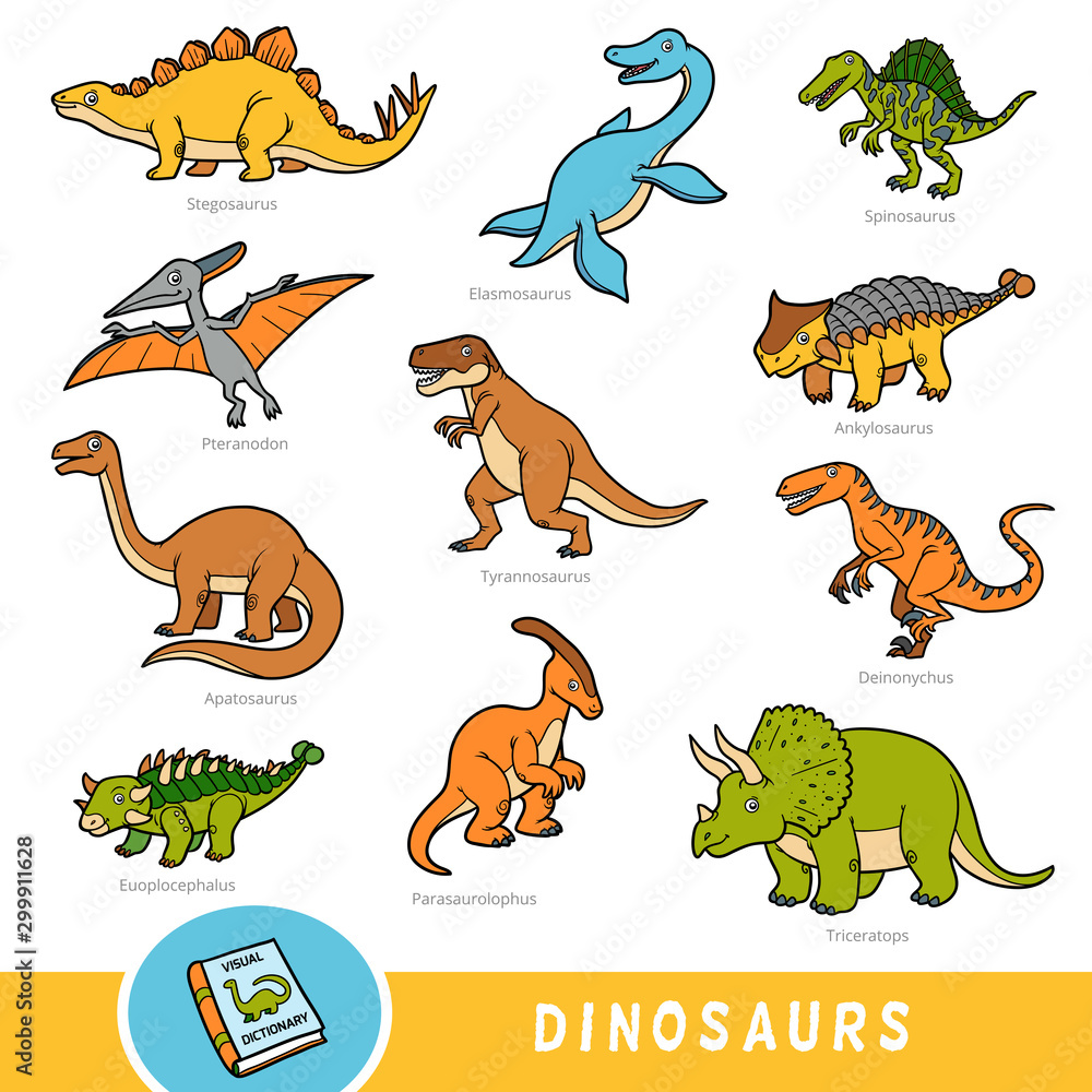 Set of dinosaurs, collection of vector animals with names in English.  Cartoon visual dictionary for children Stock Vector | Adobe Stock
