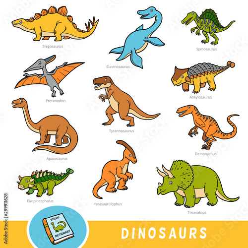 Set of dinosaurs, collection of vector animals with names in English. Cartoon visual dictionary for children