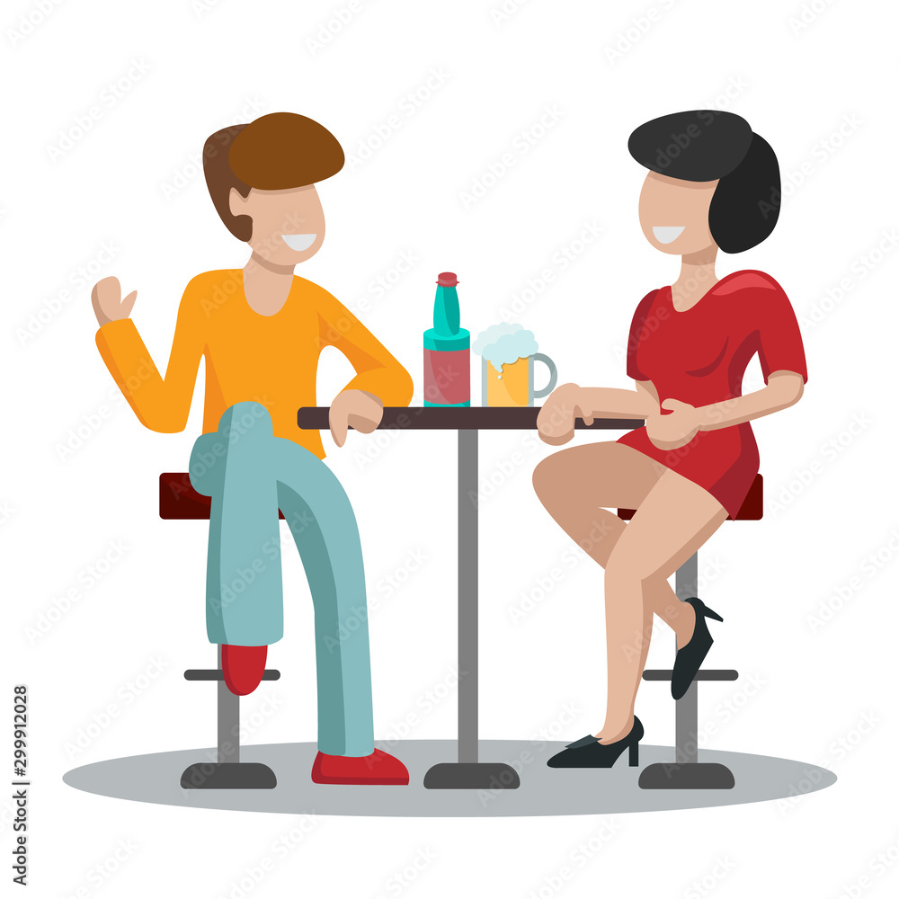 Date man and woman in a red dress. A couple of people are sitting on high bar stools at a table and drinking beer and wine. friends talk and relax. Isolated on white background vector illustration Date man and woman in a red dress. A couple of people are sitting on high bar stools at a table and drinking beer and wine. friends talk and relax. Isolated on white background vector illustration