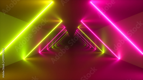 Flying in endless tunnel, abstract colorful neon background, ultraviolet light, glowing lines, virtual reality interface, frames, hud, pink yellow spectrum, laser rays. 3d illustration