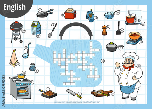 Vector crossword in English, education game for children. Chef and set of kitchen items